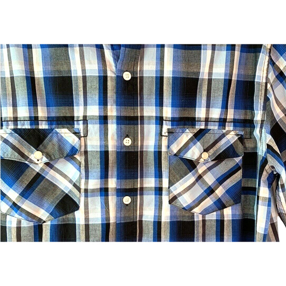 Bruno Shirt Mens Medium Blue Plaid Short Sleeve Pearl Snap Flap Pockets - Picture 3 of 5